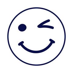 Simple hand drawn winking smiley face with a dark blue outline