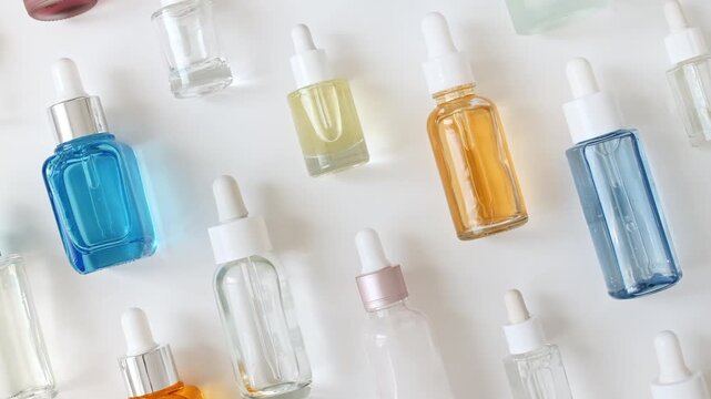 Glass cosmetic bottles with pipette for serum, extract, aromatic, essential oil and emulsion. Cosmetics skincare. Cosmetic spa. Sample of packaging for design, beauty product, advertising. 4k