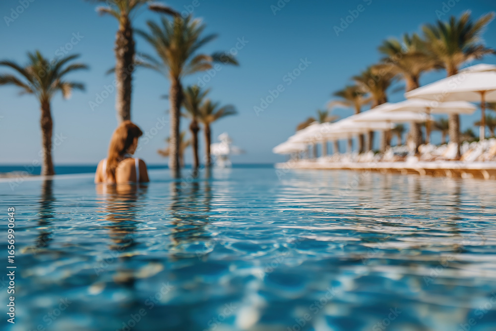 Poster relaxing by the infinity pool with palm trees and ocean view during sunny afternoon