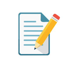 Writing on Paper, Flat Design Icon of Yellow Pencil on Lined Form, Note Taking or Documenting