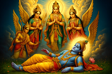 A Heavenly Descent A Divine Lord Rests while Celestial Beings Offer Prayers