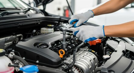 Closeup of mechanics hands repairing car engine with wrench in auto repair shop, automotive maintenance service and vehicle technology concept