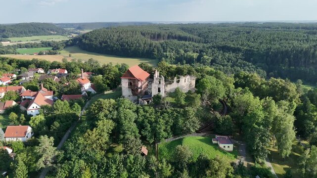 Aerial drone view of Hukvaldy Castle ruins, Czech Republic