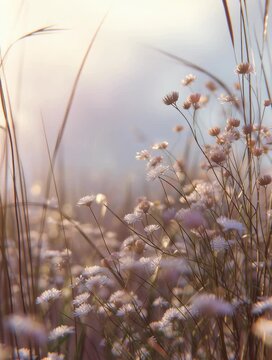 Field wildflowers swaying in warm sunlight with pastel tones. Beautiful natural video background for eco-friendly design, seasonal branding, and romantic projects.