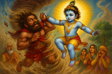 Krishna Subdues Whirlwind Demon Baby Krishna Defeats the Evil Trinavarta