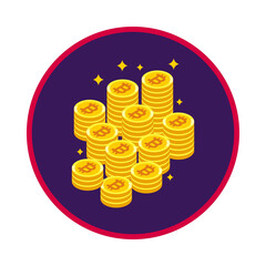 Pile of golden coins with sparkles on dark purple background