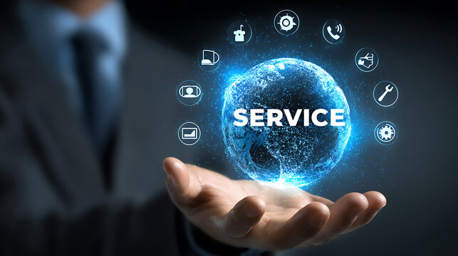 Person holding glowing earth with service icons business technology