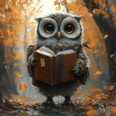Owl reading a book in woods.