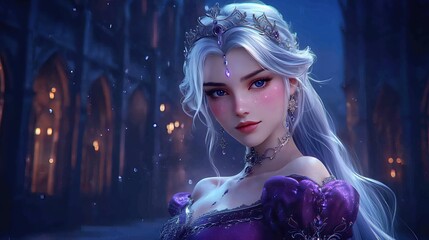 ice queen wearing purple gown and golden crown. She looks regal and elegant