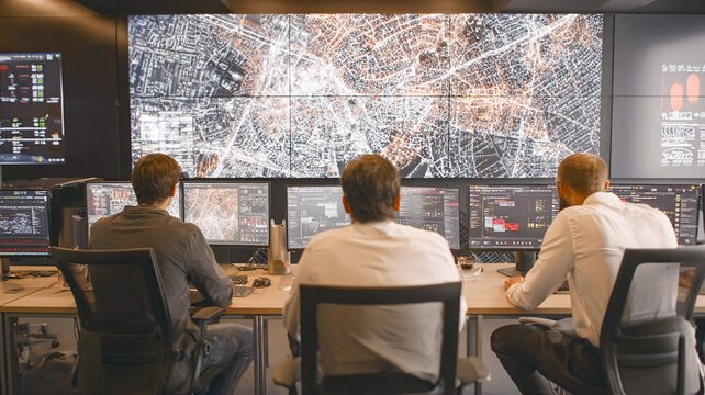 Team in a control room watches a large digital city screen; analytics, monitoring and technical atmosphere.