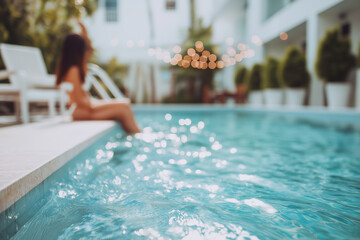 Relaxing by the poolside under string lights at sunset in a serene setting