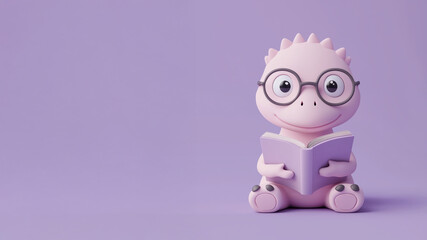 Fototapeta premium Cute dinosaur with glasses reading book on purple background. Back to school education concept.