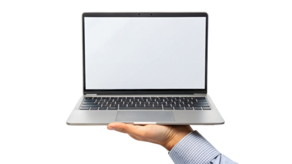 Hand holding modern laptop with blank screen isolated on transparent background for mockup and presentation