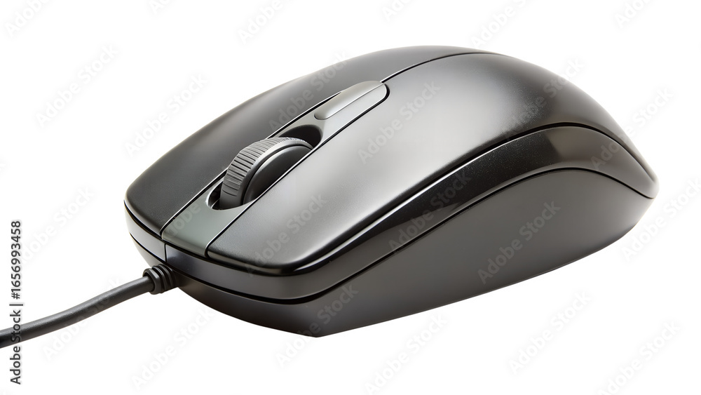 Poster close up of a corded computer mouse isolated on transparent background, a technology device for offi