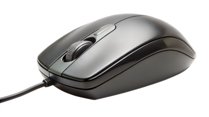Close up of a corded computer mouse isolated on transparent background, a technology device for office and home use