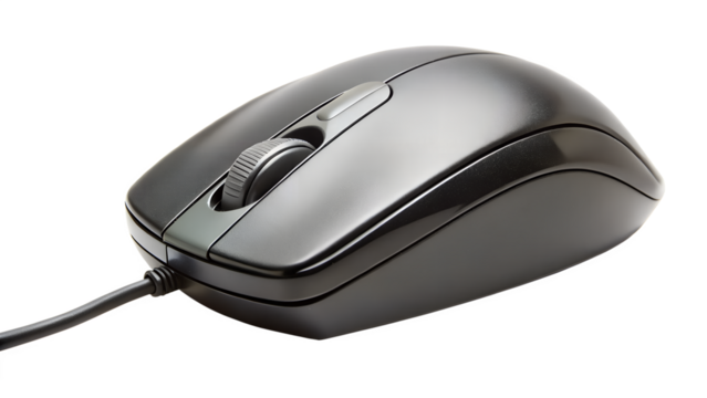 Close up of a corded computer mouse isolated on transparent background, a technology device for office and home use