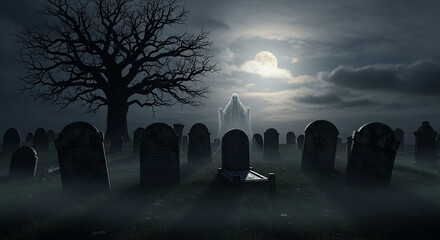 A graveyard at night, with tombstones, a bare tree, fog, and a ghostly figure illuminated by moonlight.