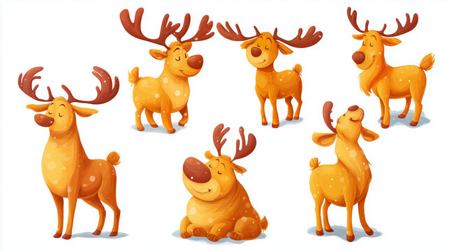 set of cute reindeer cartoon style, isolated on white background. Design element for Christmas greeting card, poster, wallpaper.