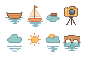 Boat Reflection Illustrations. Flat vector mini-illustrations reflection shots of boats in colors children's