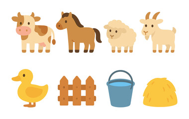 Obraz premium Grazing Animals Icons. Flat vector mini-illustrations grazing animals in colors children's illustrations: cow,