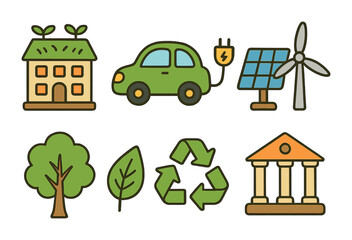 Fototapeta premium Eco-Friendly Icons Grid. Flat vector mini-illustrations climate-friendly businesses in colors children's