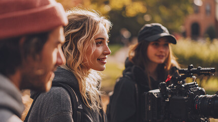 Fototapeta premium Film crew on set discussing a shot, director, camera team and on-location production work.