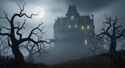 A spooky, fog-shrouded mansion under a full moon, silhouetted by barren trees.