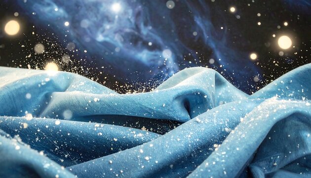 A captivating display of textured blue fabric, dusted with soft white snow, against a backdrop of shimmering bokeh and subtle smoke.