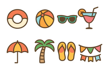 Summer Pool Party Icons. Flat vector mini-illustrations summer pool party themes in colors children's