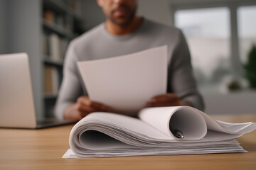 Individual reviewing documents at a desk with a laptop in the morning light