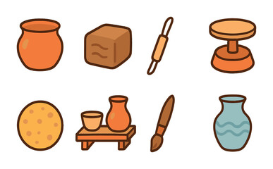 Ceramic Craft Icons. Flat vector mini-illustrations ceramic art in colors children's illustrations: ceramic