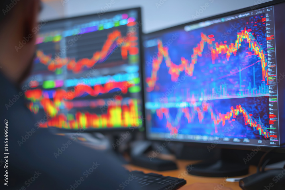 Poster traders analyzing stock market trends on dual computer screens in a busy office setting