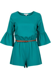 Obraz premium Teal green romper with flared sleeves and brown belt on transparent background