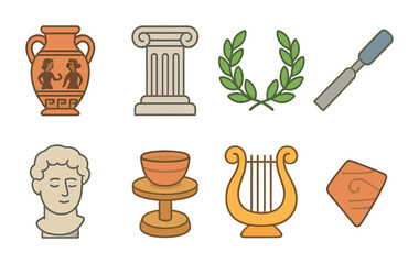 Greek Art Icons. Flat vector mini-illustrations classical Greek art in colors children's illustrations: