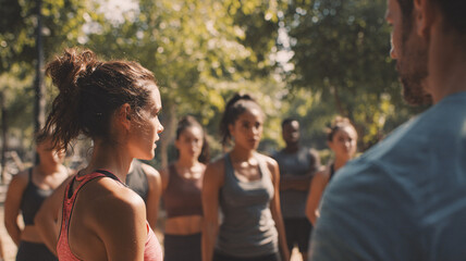 Women gathering outdoors for a fitness class led by an instructor &mdash; group activity, coaching and motivation.