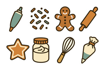 Winter Cookie Decor. Flat vector mini-illustrations winter cookie decorating in colors children's