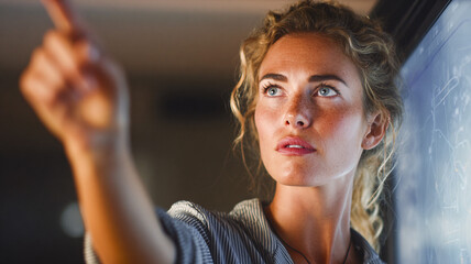 Woman pointing at a screen — idea presentation, interactive panel or digital interface in an office, demonstrating a concept or guiding a team.