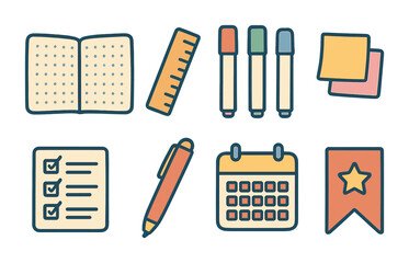 Bullet Journal Icons. Flat vector mini-illustrations bullet journaling in colors children's illustrations: