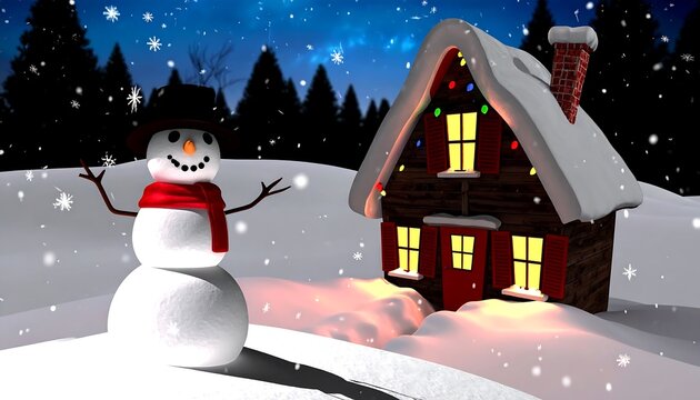 A winter wonderland scene shows a friendly snowman standing near a cozy, snow-covered cabin, lit by warm interior lights, under a night sky filled with falling snowflakes.