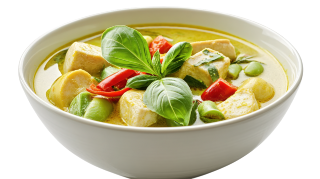 Green Curry with Tofu and Vegetables in White Bowl