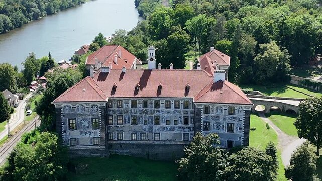 Drone aerial view of Nelahozeves Renaissance castle, Czech Republic
