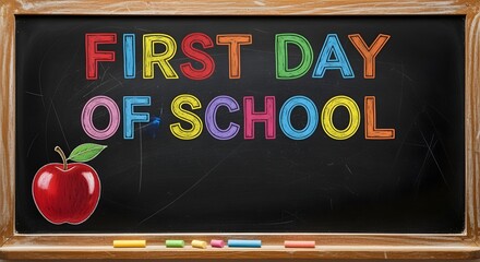 First Day of School on Blackboard with Apple and Chalk