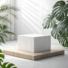 Minimalist white cube display pedestal surrounded by lush greenery
