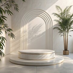 Elegant marble pedestal with archway and lush greenery