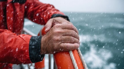 Close-up of weathered hands gripping an orange railing on a boat in rough, rainy seas.