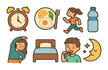 Fototapeta premium Healthy Routines for Kids. Flat vector mini-illustrations healthy daily routines in colors children's