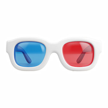 3D glasses with thick white frame and red blue lenses, glossy cartoon style design isolated on transparent background