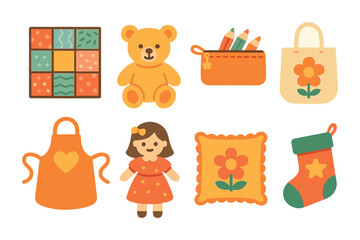 Fototapeta premium Creative Sewing Icons. Flat vector mini-illustrations creative sewing projects in colors children's