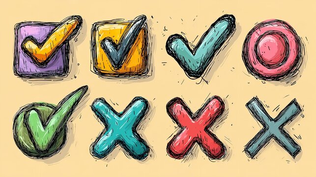 Colorful check marks and cross symbols conveying confirmation and rejection with a textured grunge