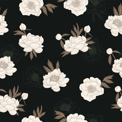 Elegant vector pattern with peonies on a dark background and gold accents. Romantic, luxurious, and fully editable.	

